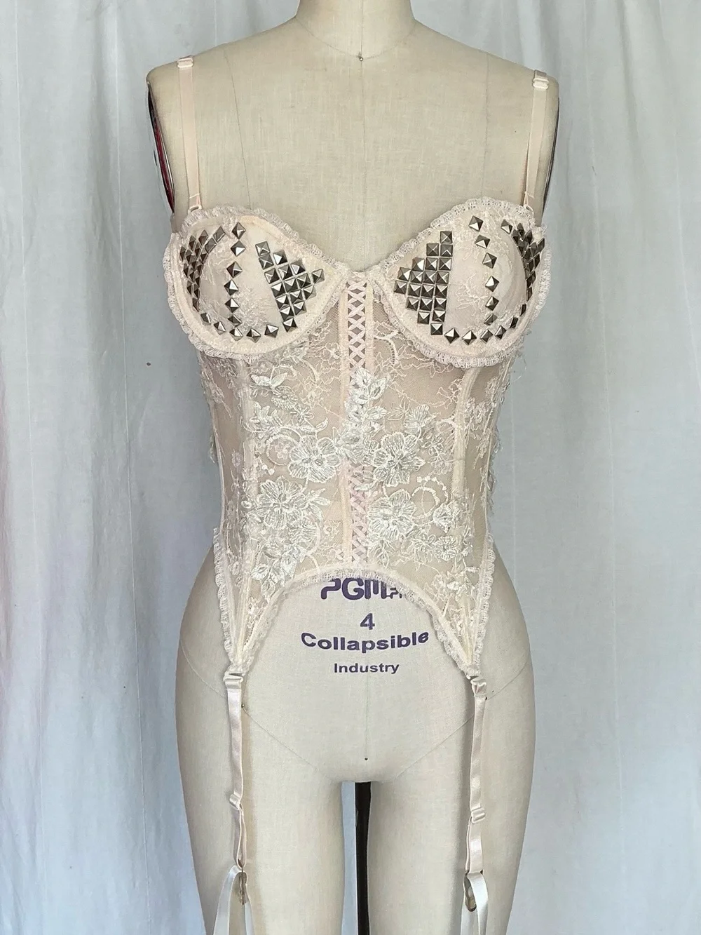 Customized Vintage Studded Lace Bustier Corset in Cream Color